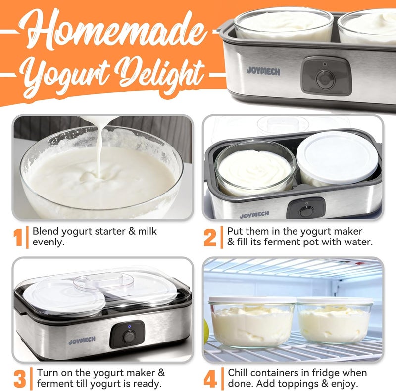 JoyMech Yogurt Maker Machine with Two 1-Quart Containers for Larger Batches, Oatmeal, Pudding, or Jello, Food-Grade Martial, One-touch Control, Homemade Yogurt - Image 4